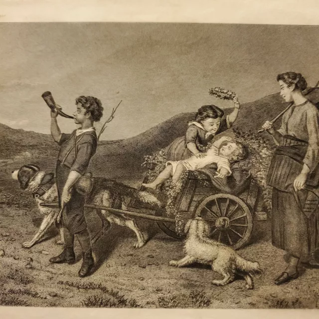 The Herald of Spring Dog Pulling Cart w/ Children Lithograph 6" x 9" Vintage The Herald of Spring Dog Pulling Cart w/ Children Lithograph 6" x 9" Vintage