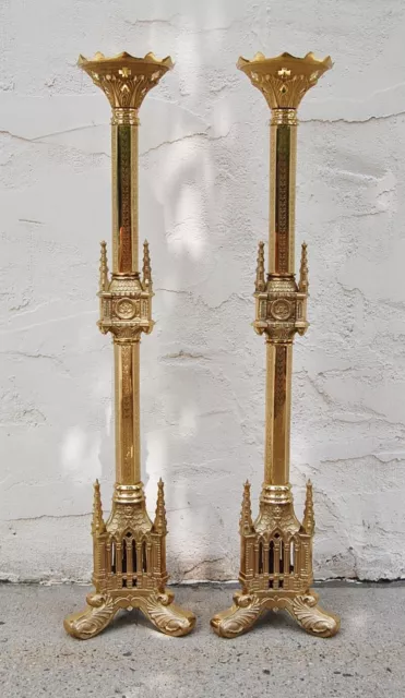 Nice Ornate Pair 40" ht. Brass Gothic Church Altar Candlesticks (#61)