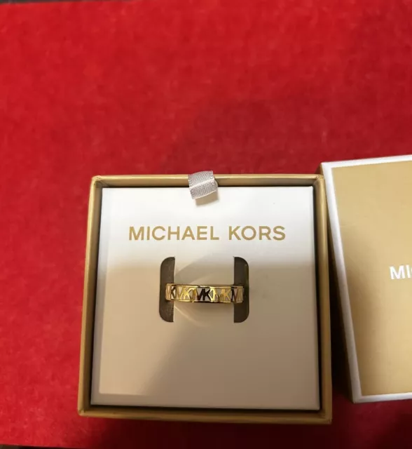 MICHAEL KORS Gold Tone MK Logo Pave Band Ring Size 7 NEW $85 with Box