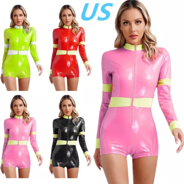 US Womens Firefighter Bodysuit Jumpsuits Patent Leather Fireman Cosplay Costume