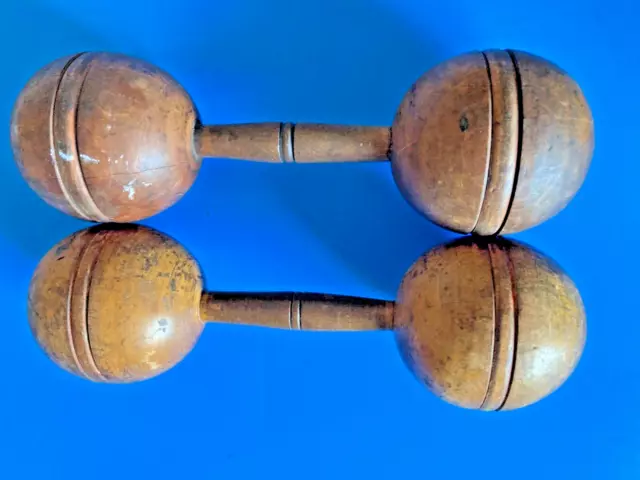 Antique Set Of Turned Hard Wood Dumbells Rock Maple Pair Victorian Fitness