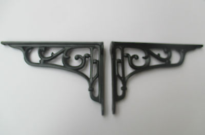 9" PAIR OF BLACK cast iron Victorian scroll ornate shelf support wall brackets