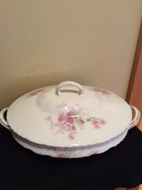 VICTORIA AUSTRIA - Oval, Covered, Lid, Vegetable, Soup TUREEN, Pink Flowers,Mint