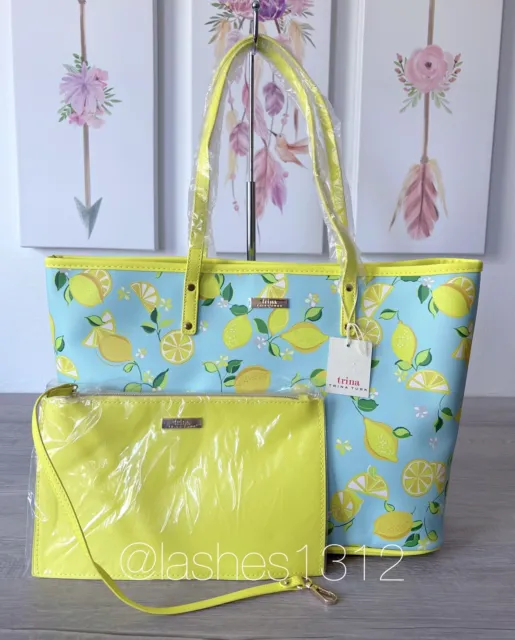 TRINA TURK Purse Lemon Tote Bag and Pouch - Blue Yellow Floral