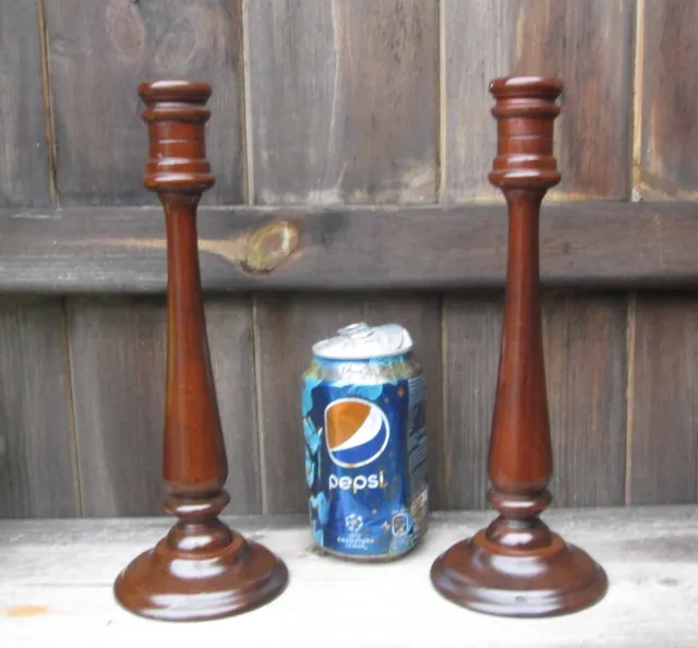 Pair Edwardian High Sheen Wooden Tapering Teardrop Column Candlesticks