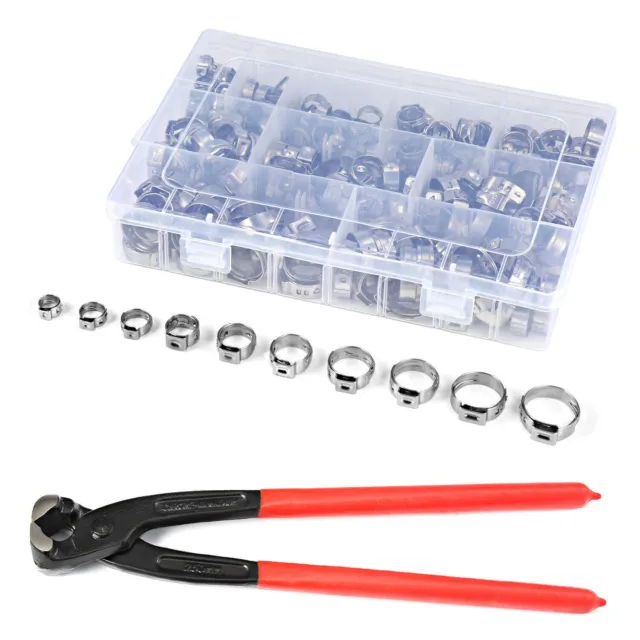 211 Pcs 304 Stainless Steel Single Ear Hose Clamp Crimping Kit inc 8" Pliers