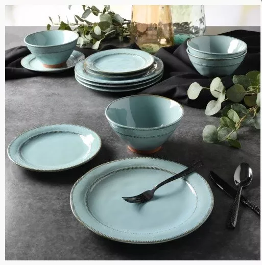 Gibson Elite Terranea Teal Reactive Glaze Terracotta Dinnerware Set - 12pc - NIB