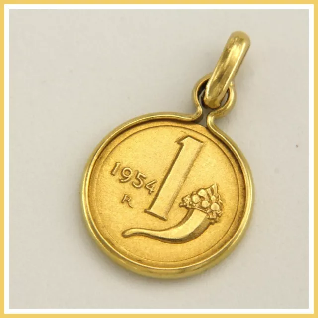 Raro Ciondolo in ORO Giallo 18 kt 750 con Mini Moneta da 1 Una Lira Pendente