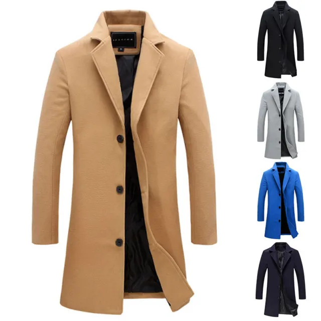 Mens Winter Trench Coats Outwear Overcoat Long Sleeve Button Up Wool Coat Jacket