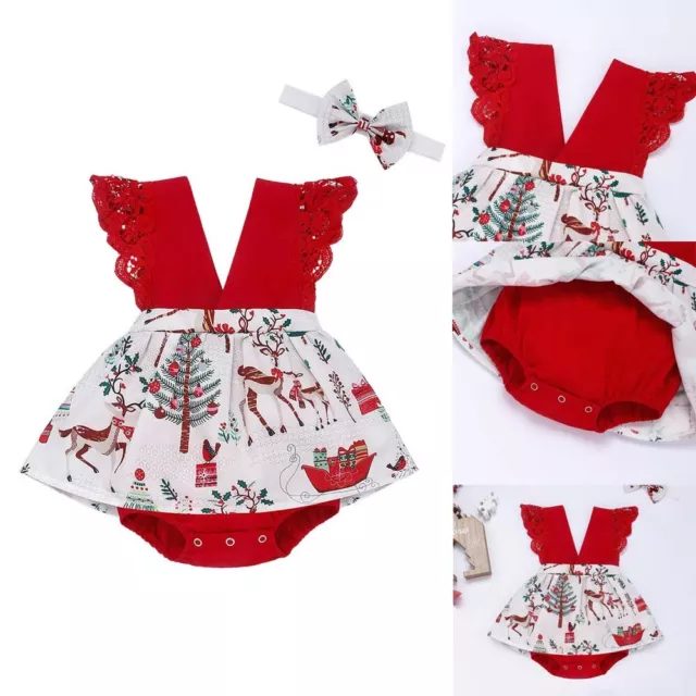 Newborn Baby Girls Christmas Outfits Sleeveless Ruffle Romper Dress Xmas Clothes