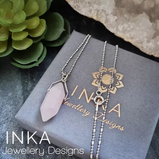 Inka 925 Sterling Silver 24" Ball Necklace with ROSE QUARTZ Pendulum pendant