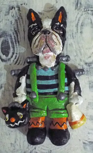 Adorable New Folk Art Boston Terrier Dog Ornament Frankenstein Halloween
