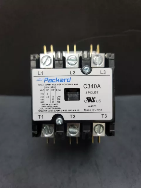 New! Packard C340A Contactor 3 Pole 40 Amps 24 Coil Voltage 50/60Hz