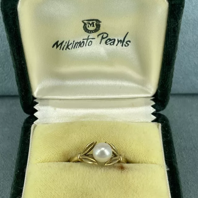 MIKIMOTO Ring 14ct 14k 585 Yellow Gold Akoya pearl Leaf With Box Size O