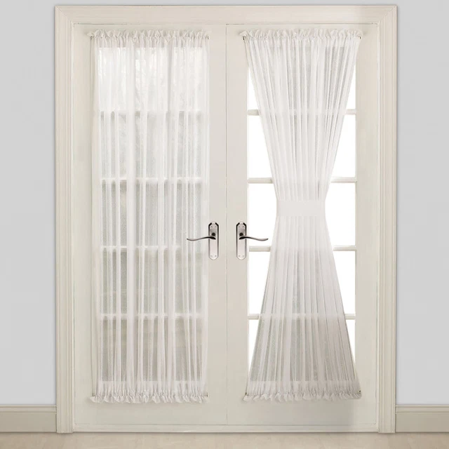 2 Sheer White French Door Curtains or Sidelight Door Curtains with 2 Tie-Backs