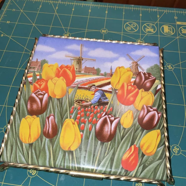 Royal Mosa Holland  Hand Painted Colorful Tulips 6X6 Tile Trivet w/ Brass Frame