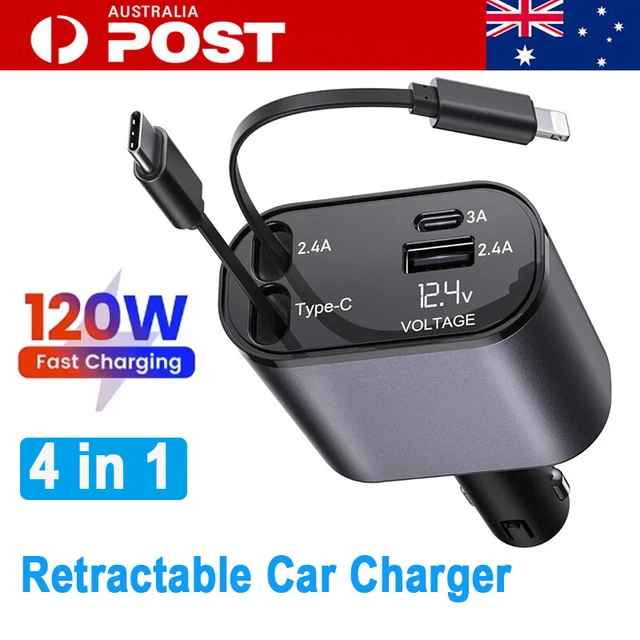120W Retractable Car Charger - 4-in-1 Fast Charger With USB-C Cable (For IPhone & Android)