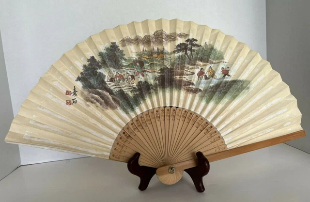 Chinese Scene of Farm Workers Harvesting Fishing Folding Fan