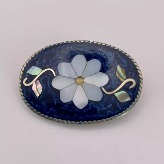 Vintage Mexico Alpaca Floral Brooch, Enamel, Mother Of Pearl And Abalone.