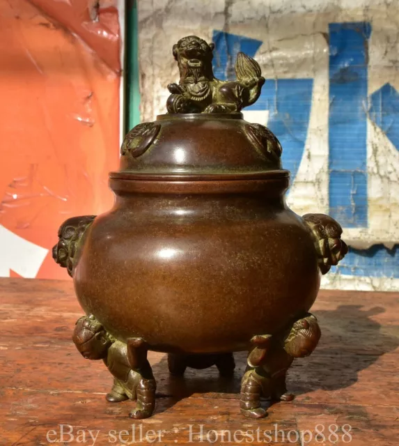 8" Ming Xuande Chinese Pure Bronze Dynasty Lion Beast censer incense burner