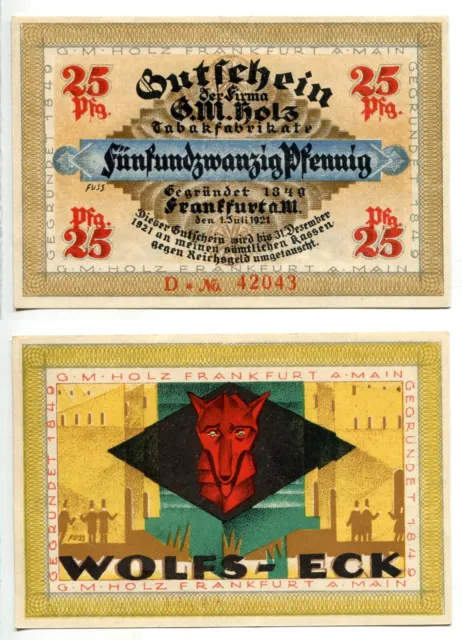 25 Pfennig Frankfurt 1921  "G.M.Holz- Wolfs Eck"  Serie D, Erhaltung II+