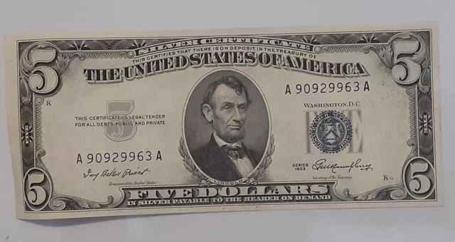 1953 $5 Silver Certificate Note Crisp A90929963A Blue Seal K12 (Lot 6)
