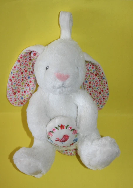 Pommette Doudou Peluche Lapin Musical Blanc Rose Fleur Oiseau