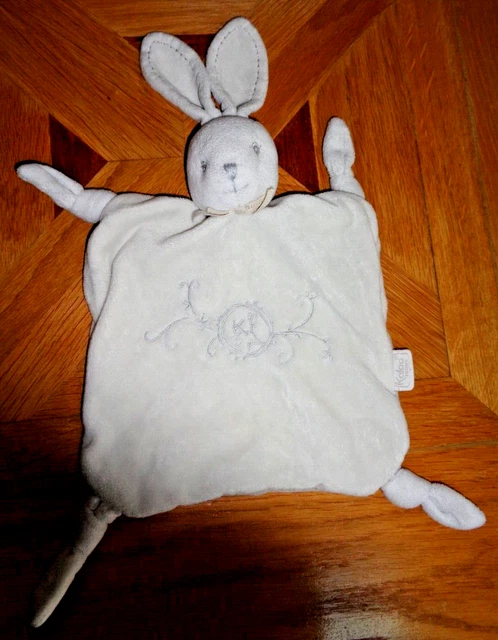 5Pa /  Doudou Plat Kaloo Lapin Perle Blanc Gris Brode K Exc Etat