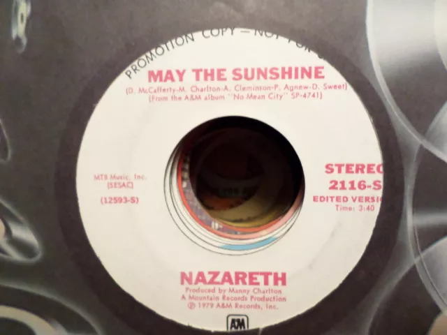 Promo A&M 45 Record/Nazareth/ May The Sunshine/Mono/Stereo/ Nr Mint Rock