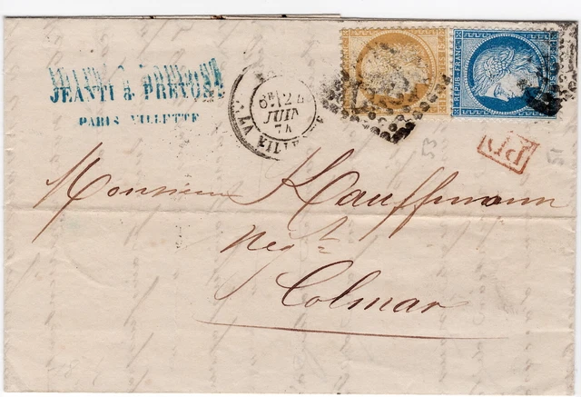 Frankreich Ceres Mi.Nr. 51 & 53 MiF Brief von Paris nach Colmar 1874