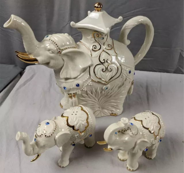 2003 Lenox The Jeweled Elephant Teapot, Jeweled Elephant Salt Pepper Shakers