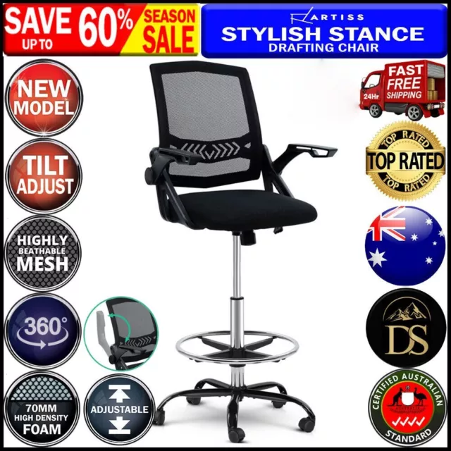 Artiss Office Chair Mesh Veer Drafting Stool Chairs Standing Desk Armrest Black