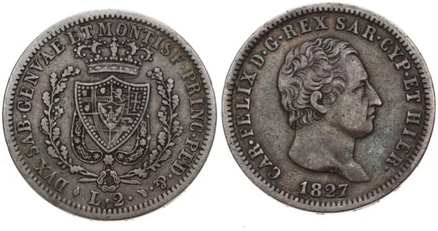 Italien -  Savoyen Sardinien 2 Lire 1827 - Silber 0.900, 10g, ø 27mm KM# 122