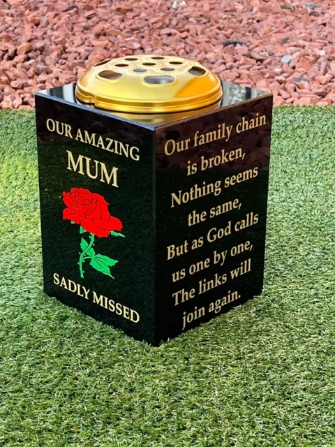 Graveside memorial vase black granite personalised own wording Free p&P