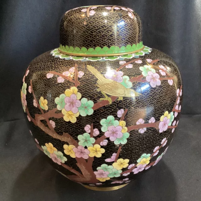 Large 10” Tall Vintage / Antique Chinese Cloisonne Ginger Jar Bird Flowers Vase