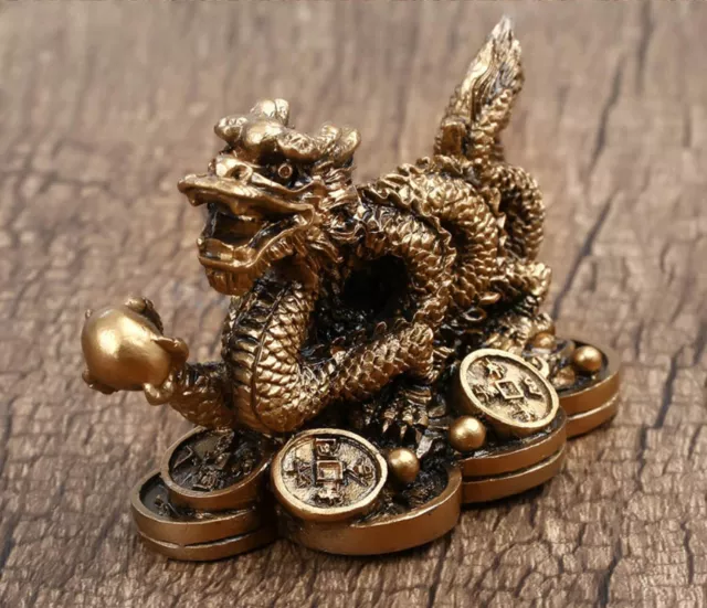 New#Brass Asian Chinese Feng Shui Dragon on Money Coins Figurine Godd Luck Statu