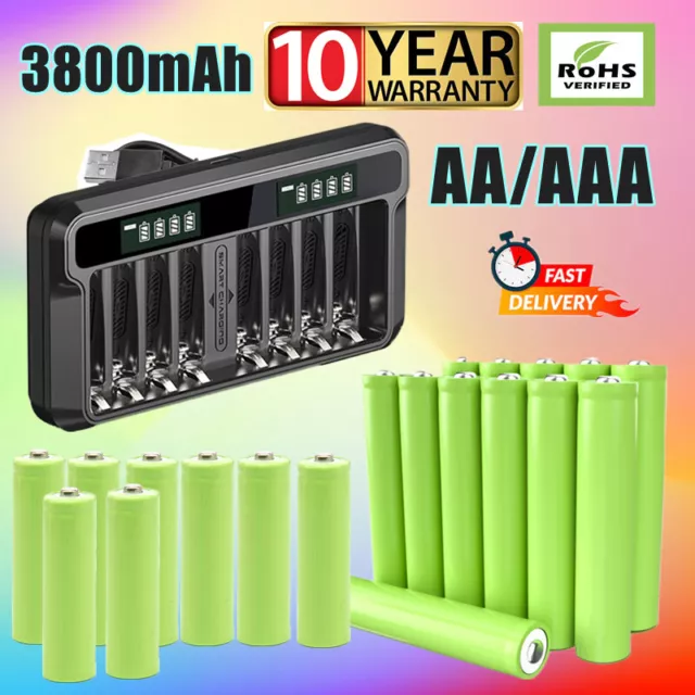 8Pcs AA & AAA Rechargeable Battery Heavy Duty Long Recharge Power +USB Charger A