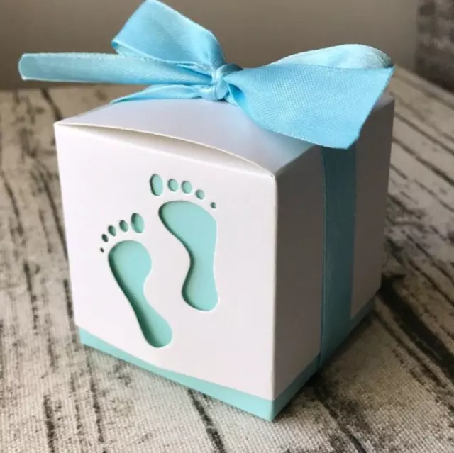 100x Baby Shower Favor Boxes Blue Baby Boy Feet Gift Box Candy Cookie Bomboniere