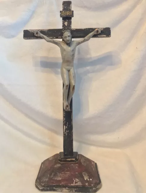 Large Antique 1900s Rustic Primitive Wood Crucifix Cross Jesus, 23" Tall, 12” W