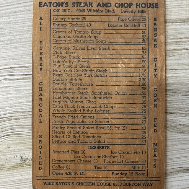 1930'S EATON'S STEAK & CHOP House Restaurant Menu Beverly Hills CA WOOD