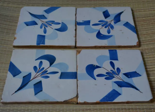 4-Tile Set Antique Spanish - Hand Painted - Century Xviii 3