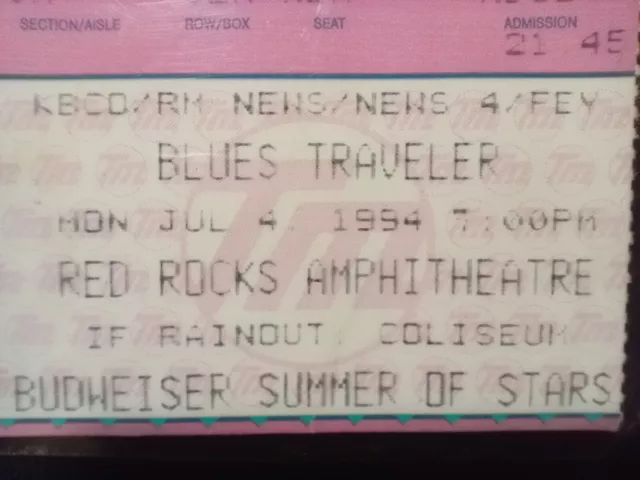 BLUES TRAVELER Red Rocks Denver, CO Concert Ticket Stub July 4, 1994 LAMINATED