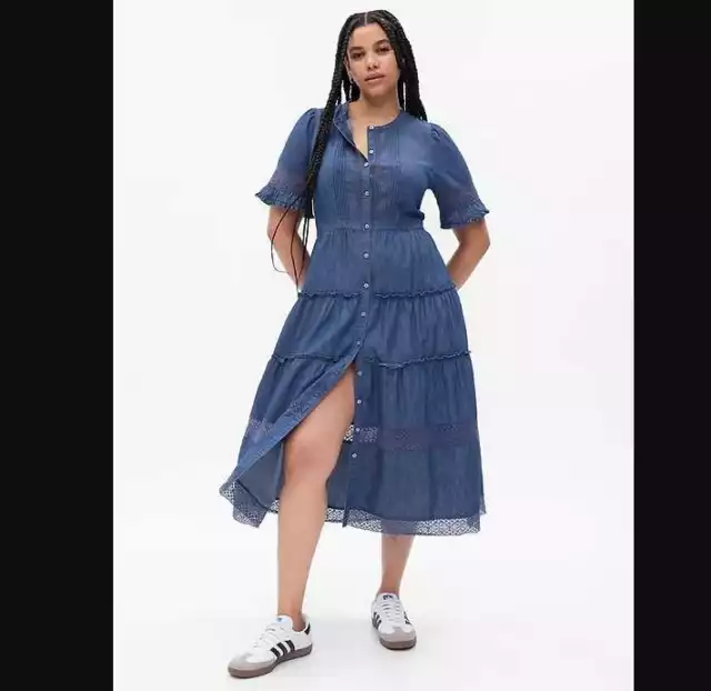 New women's L XL  LoveShackFancy x Gap denim tiered midi shirt dress