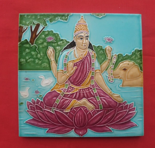 1 Piece Old Art God Laxmi Ji Design Embossed Majolica Ceramic Tiles Japan 0126 3