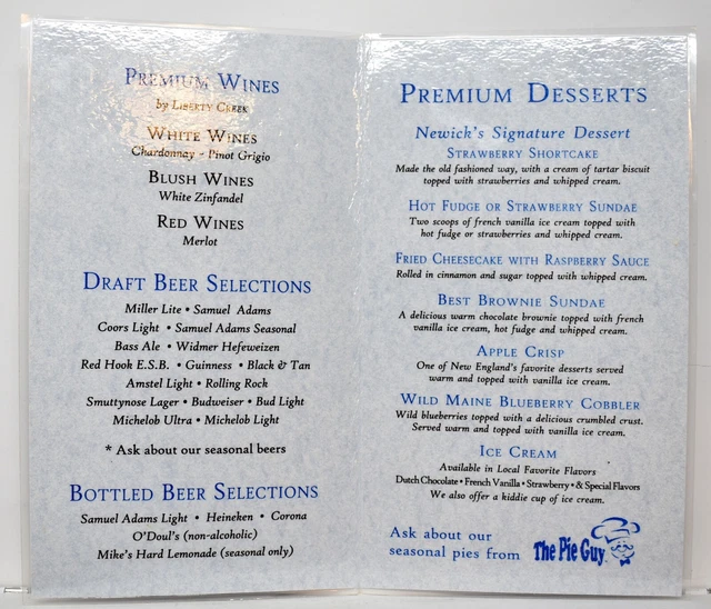 2003 NEWICK'S LOBSTER House Restaurant Drinks Desserts Menu Dover New