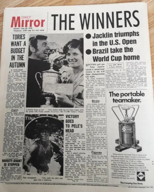 Pele Brazil win 3rd World Cup Daily Mirror Newspaper Golf Tony Jacklin 1970 Old