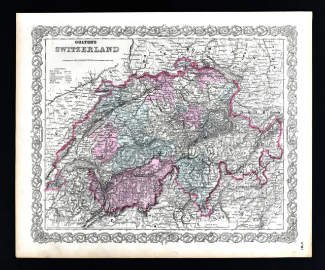 1874 Colton Map Switzerland Lucerne Zurich Geneva Swiss Alps Bern Basel Europe