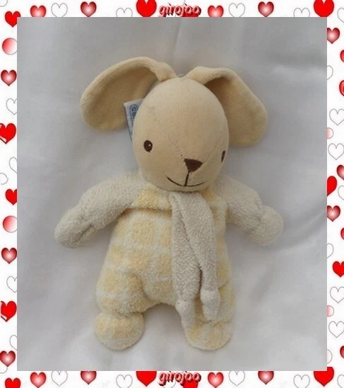 Doudou Peluche Lapin Beige Carreaux Jaune Ecru Hochet Nounours