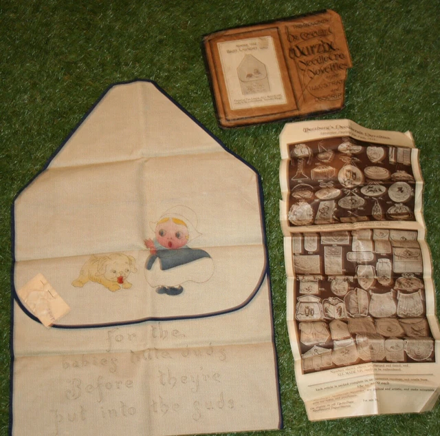 Antique 1913 Wurzburg Diaper Bag Needlecraft Embroidery Kit w/ Original Bag & Ad