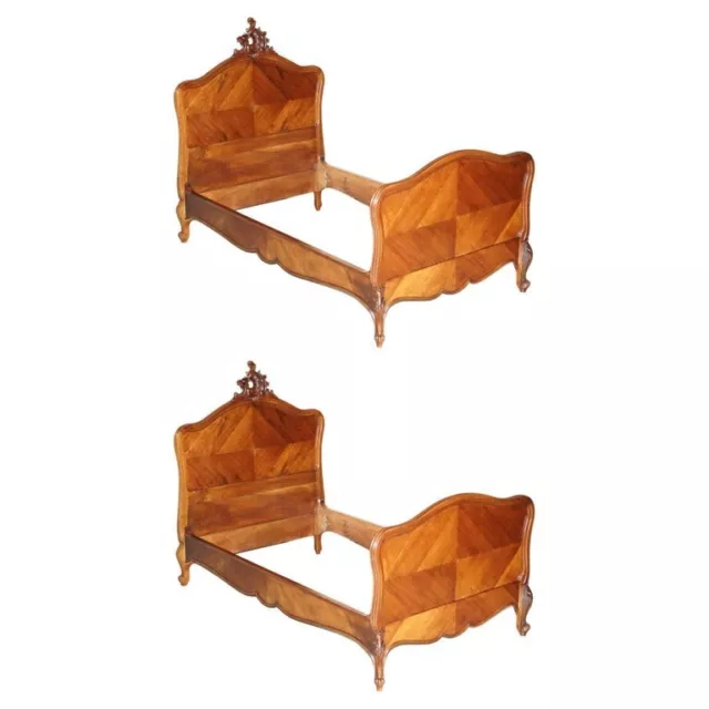 Pair Of French Louis Xv Napoleon Iii Ornately Carved Bed Stead Frames In Walnut